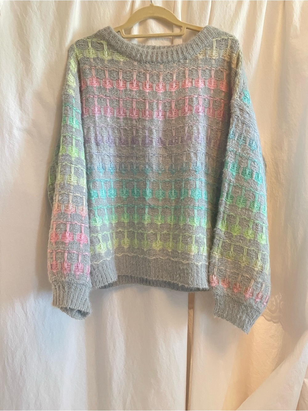 ADORA Gray Pastel Open Knit Sweater Size M Colorful Textured Pullover